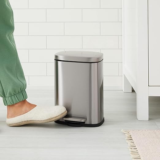Amazon Basics Smudge Resistant Mini Rectangular Trash Can with Soft-Close Lid, Foot Pedal, Removable Inner Bucket, 5L/1.32 Gal, Brushed Stainless Steel, for Bathroom & Small Space, Satin Nickel Finish