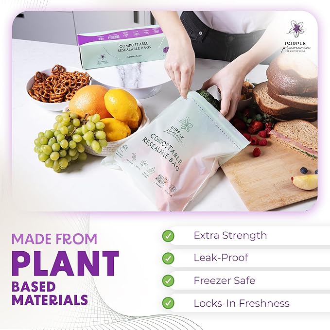 100% Certified Compostable kitchen Bags 230 Count, Resealable BioBased, Leak Proof, Freezer safe, 80 Snack, 80 Sandwich, 50 Quart, 20 Gallon Bags (Variety Pack) | Biobased, Leak-Proof, Durable, Freezer-Safe, Extra Strong