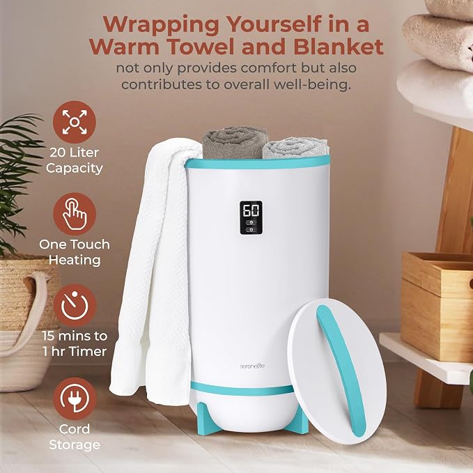 SereneLife Towel & Blanket Warmer, One Touch Portable Bath Towel Warmer with Fragrant Disc Holder, Timer (15, 30, 45, or 60 minutes) and LED Display, Auto Shut Off, Ideal for Bathroom & Spa Use, Blue