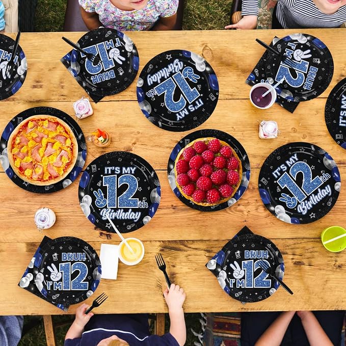 96 Pcs 12th Birthday Decorations for Boys Blue and Black Plates and Napkins Disposable Glitter It's My 12th Birthday Party Supplies for Boys Kids Teenager 12 Years Old Party Decor，Serves 24