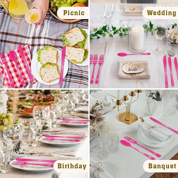 150 Pcs Hot Pink Plastic Silverware Hot Pink Plastic Utensils Heavy Duty - 50 Forks, 50 Knives, 50 Spoons for Valentine's Day,Birthday Bachelorette Wedding Bridal Shower