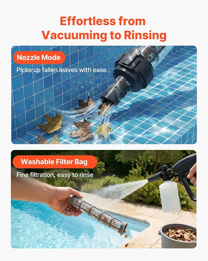 VEVOR Handheld Pool Vacuum, 8.5 GPM Cordless Spa Hot Tub Vacuum with Extension Pole and 2 Brush Heads, 60 Mins Running Time, for Small Debris, Sand, Rechargeable Pool Cleaner for Above Ground Pools