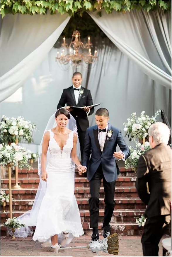 Jumping The Broom African American Wedding Broom, Vintage Elegance Lace Flower with Diamonds DIY Broomstick for Wedding Ceremony (White) (12.6”Width 28.74” Length)