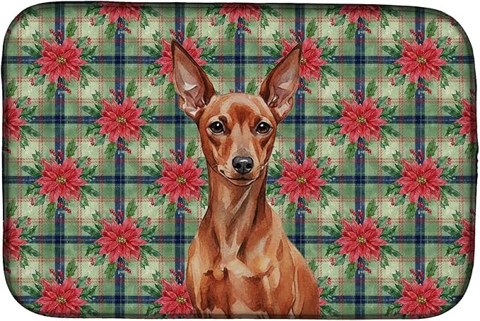 Caroline's Treasures Red Miniature Pinscher Min Pin Christmas PoinsettIas Dish Drying Mat Absorbent Dish Drying Mat Pad for Kitchen Counter Dish Drainer Mat for Countertop, 14 x 21", Multicolor