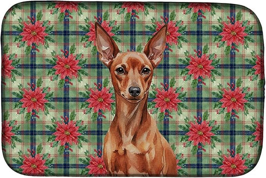 Caroline's Treasures Red Miniature Pinscher Min Pin Christmas PoinsettIas Dish Drying Mat Absorbent Dish Drying Mat Pad for Kitchen Counter Dish Drainer Mat for Countertop, 14 x 21", Multicolor