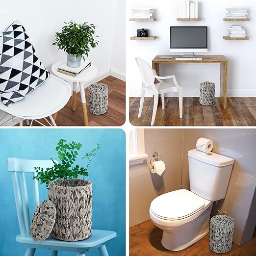 Ctosree 1.3 Gallons Small Trash Can with Lid Handle Boho Woven Braided Bathroom Waste Basket Trash Can with 100 Garbage Bags for Bedroom Office Laundry(Grey, Braided Polypropylene)