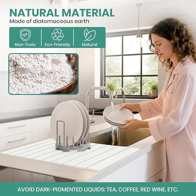 Stone Dish Drying Mat for Kitchen Counter - 23x15 Large Quick Dry Stone Mat Kitchen, Absorbent Diatomaceous Earth Kitchen Drying Mats for Countertops, Fast Drying Stone Sink Mat for Dishes and Cups
