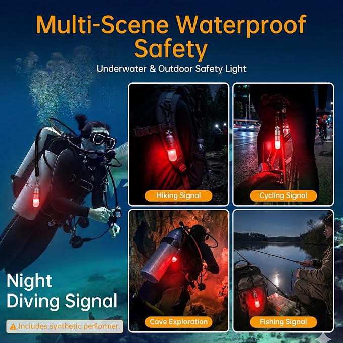 SecurityIng 2-Pack Dive Marker Light, 150m Waterproof Mini Scuba Tank Light, Steady & Flash Modes,AAA Battery Included, LED Diving Signal Light for Night Diving Camping Cave Adventure (Red)