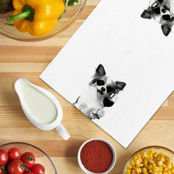 Funny Papillon Wine Kitchen Towels, Gifts for Dog Wine Lovers, Bar Accessories Dish Tea Towels for Kitchen, Dog Owners Housewarming Gift Decorative Hand Towel 16x24 Inch