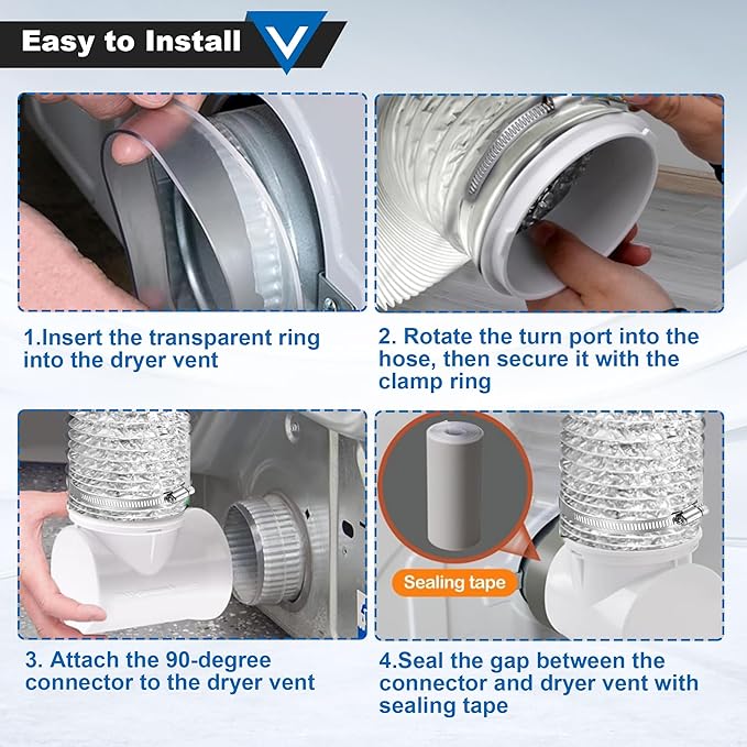 Dryer Lint Trap, Indoor Dryer Vent Kit, Metal Lint Catcher Box with 90 Degree Dryer Vent Elbow Set Vent Duct Hose Clamps Sealing Tape Cleaning Brush Filter Screens Space Saving Connector Kit