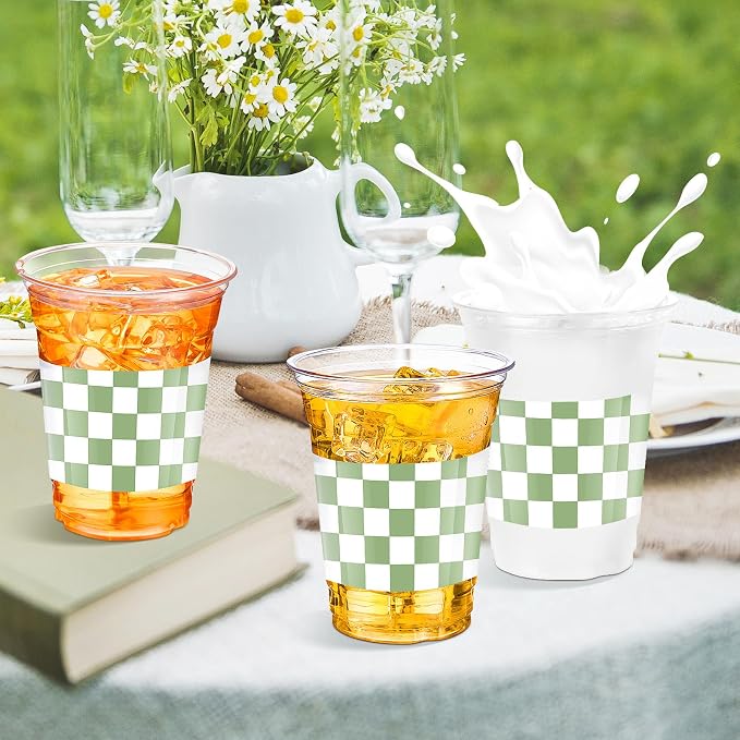 SiliFine 50 Pcs 12 oz Green Checkered Plastic Cups Clear Disposable Gingham Plaid Party Cups for Birthday Baby Shower Picnic BBQ Garden Golf Party Decorations