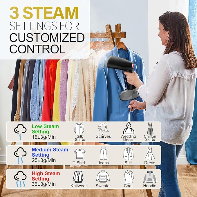 Steamer for Clothes, 1800W Handheld Clothes Steamer with 3 Steam Settings, Fast Heat-Up Clothing Steamer for Wrinkle Removal, 380ml Water Tank, 9.8' Cord Portable Hand Steamer for Home and Travel