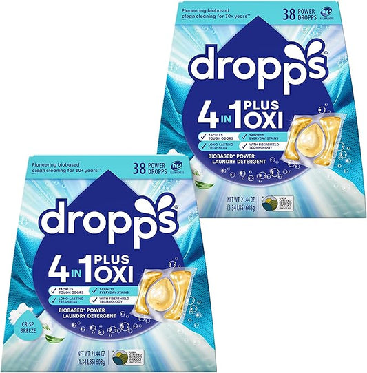 Dropps 4-in-1 Plus Oxi Laundry Detergent Pods, Crisp Breeze (76 Count) - Laundry Pods | Advanced Odor Defense | Fights Stains | Whitens & Brightens | Clean Ingredients | Plastic Free Packaging