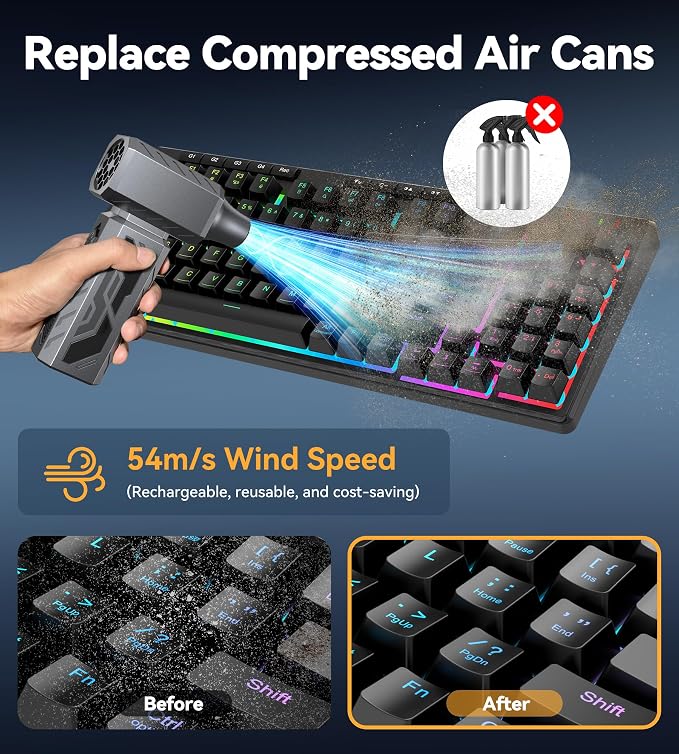 130,000 RPM Electric Air Duster & PC Cleaning Kit, Stepless Speed Adjustable Compressed Air Blower, Rechargeable Cordless Mini Turbo Fan for Keyboard, Car Detailing & Camping, Grey