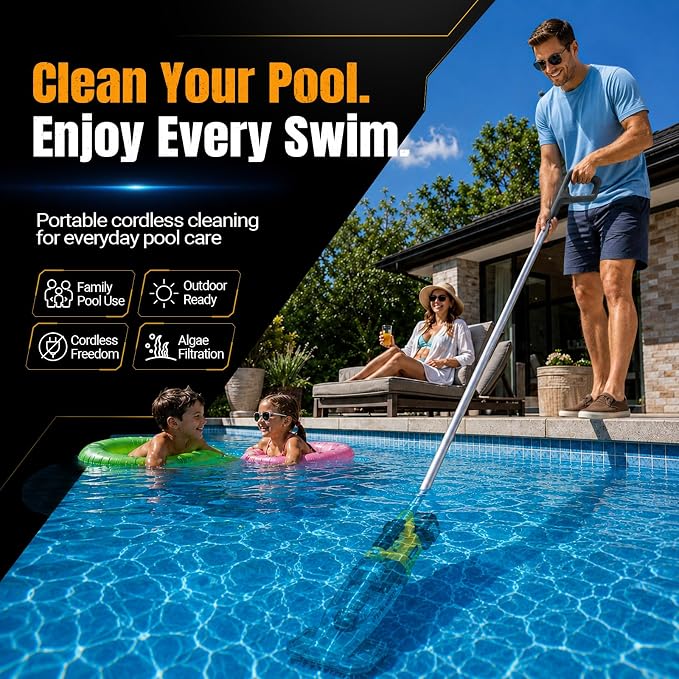 Cordless Handheld Pool Vacuum for Above Ground Pool Compatible for Dewalt 20V Battery, Swimming Leaf Vacuum Cleaner with Suction 18.5 GPM ｜7.5Ft ft Max Reach Ideal for Leaves & Debris (No Battery)