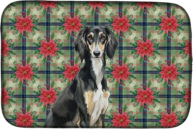 Caroline's Treasures Black and Tan Saluki Christmas PoinsettIas Dish Drying Mat Absorbent Dish Drying Mat Pad for Kitchen Counter Dish Drainer Mat for Countertop, 14 x 21", Multicolor
