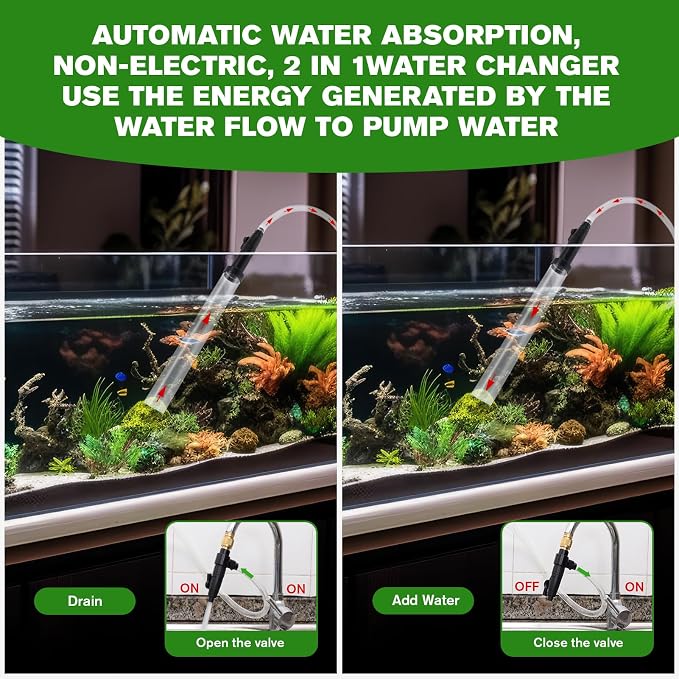 Aquarium Siphon Vacuum Gravel Cleaner Kit for Fish Tank Cleaning Gravel & Sand, Fish Tank Water Changer Metal Faucet Connector with Long Hose Drain & Fill（32ft）