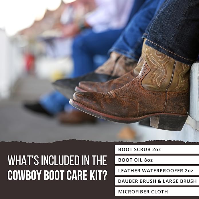 Rhino Wax - Cowboy Boot Cleaning and Conditioning Kit (6 Pieces) - Ultimate Cowboy Boot Care Kit - Cleaner (Boot-Scrub) + Conditioner (Leather Oil) + Waterproofing Wax + Brushes + Microfiber Cloth