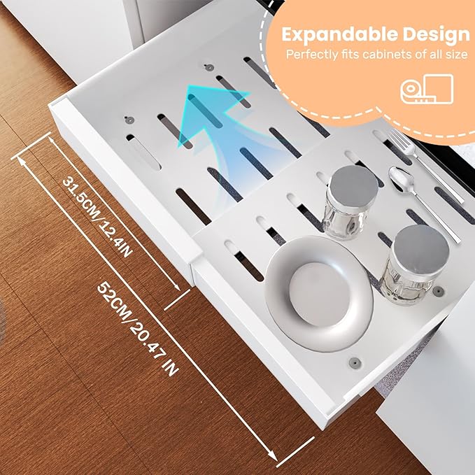 FILTA 2Pack Expandable Pull Out Cabinet Organizer, 21" Deep Slide Out Drawers for Kitchen Cabinets, Heavy Duty Roll Out Shelves with 3-Rail Silent Glide, No-Drill Adhesive or Screw Install, White