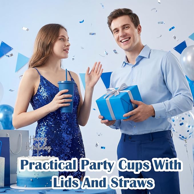 Honeydak 30 Pack Tumbler with Straw and Lid Bulk Cups for Gifts Water Bottle Iced Coffee Travel Mug Cup Reusable Plastic Tumblers for Party Birthdays 24-27 oz (Dark Blue)