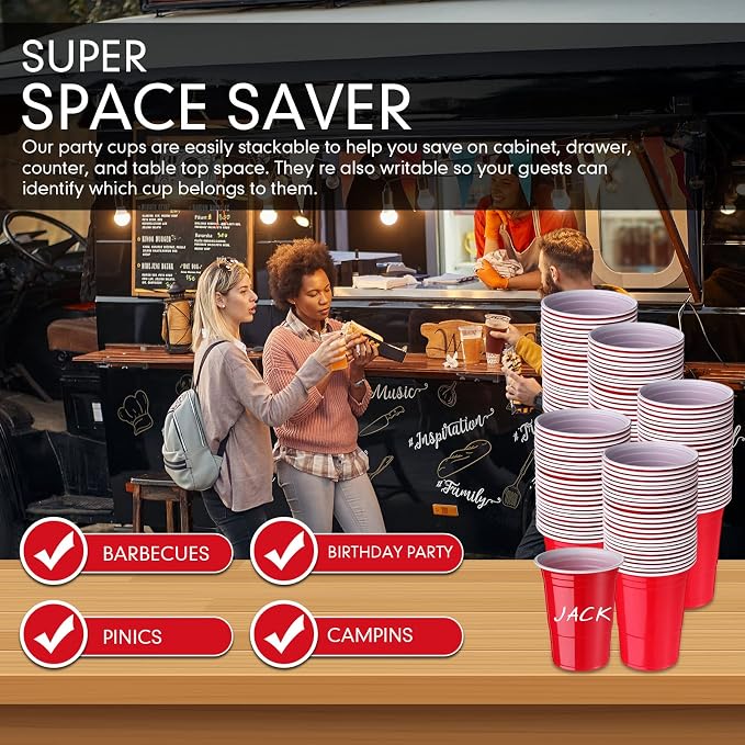 Mimorou Red 200 Pack Plastic Cups 16 oz Disposable Cups for Party Wedding Halloween Stackable Beverage Drinking Tumbler Heavy Duty for BBQ Birthday Baby Shower