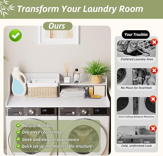 Washer Dryer Countertop with Shelf, 54" x 27.5" 2-Tier Bamboo Laundry Topper, Washer and Dryer Countertop for Laundry Room Organization with Edge Rails, Waterproof, White