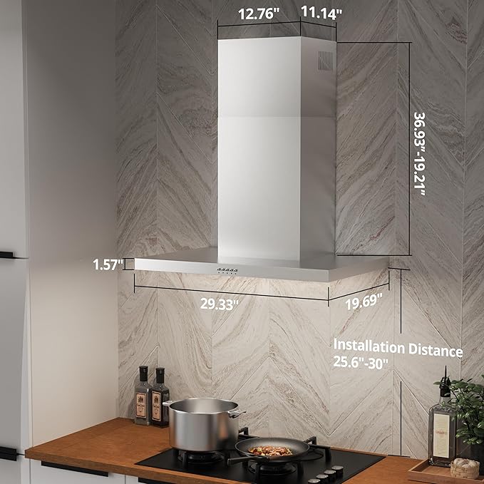FIREGAS Wall Mount Range Hood 30 Inch, 600 CFM Ducted/Ductless Convertible Stainless Steel Kitchen Vent Hood with 3 Speed Fan, LED Lights and Push Button Control