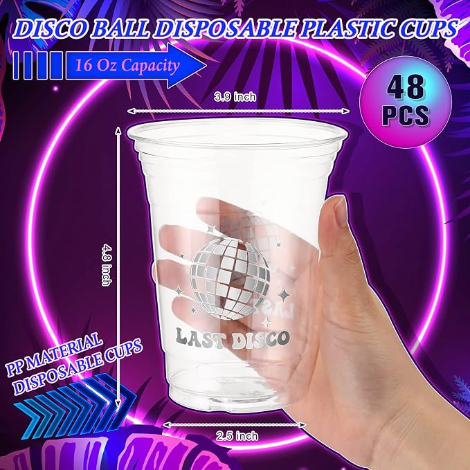 Geyee 48 Pack Disco Disposable Party Cups, 16oz Disco Supplies Ball Disposable Plastic Cup 70s 80s 90s Party Hot and Cold Drinks for Bachelorette Wedding Picnic Summer Favors Supplies