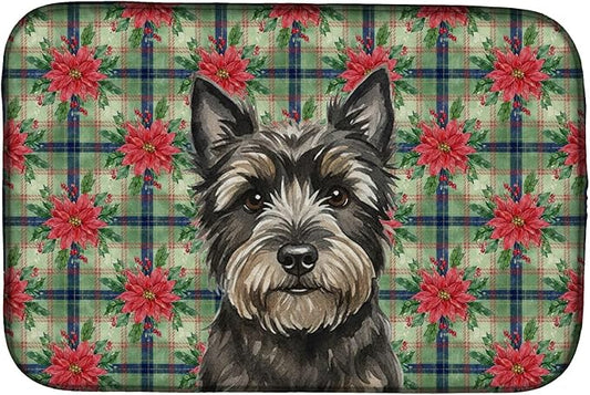 Caroline's Treasures Black Cairn Terrier Christmas PoinsettIas Dish Drying Mat Absorbent Dish Drying Mat Pad for Kitchen Counter Dish Drainer Mat for Countertop, 14 x 21", Multicolor