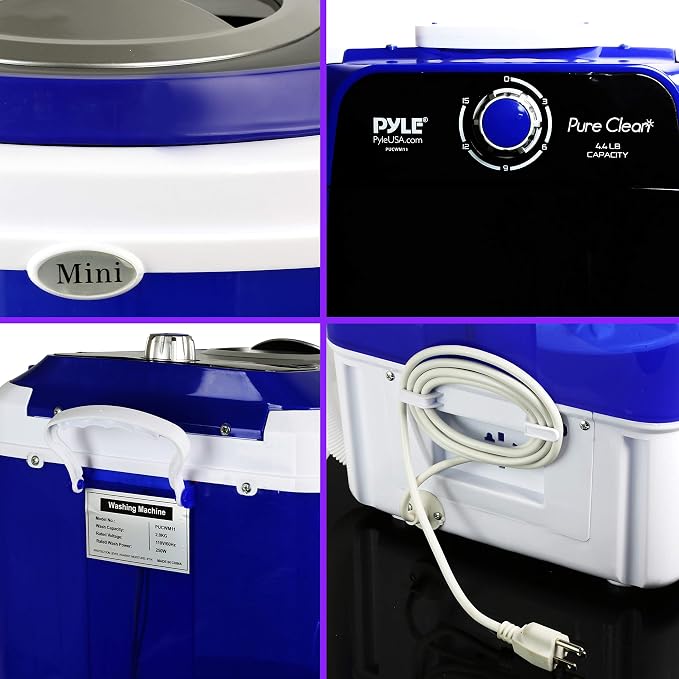 Pyle Upgraded Version Portable Washer - Top Loader Portable Laundry, Mini Washing Machine, Quiet Washer, Rotary Controller, 110V - for Compact Laundry, 4.5 Lbs. Capacity, Translucent Tubs - PUCWM11.5