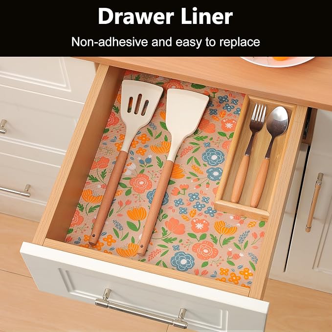 INNOLITES Shelf Liner for Kitchen Cabinets, Non-Adhesive Drawer Liner, Waterproof Washable EVA Floral Pattern, Protect Dresser Cupboard Refrigerator Shelves (Honey Coral Blue, 11.8" x 120")