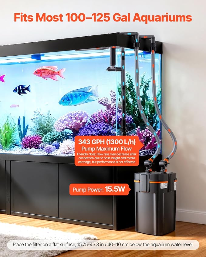 VEVOR 343GPH Canister Filter, 4-Stage External Aquarium Filter with Timed Light, Powerful Pump, Water Circulation Cleaning with Media for Large Fish Tanks & Aquariums Up to 125 Gallons, for Freshwater