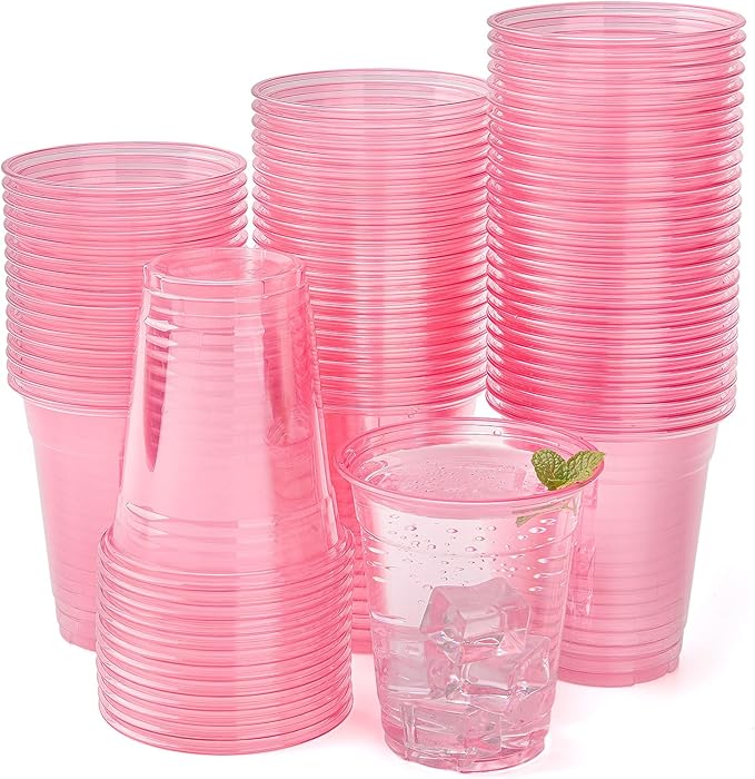 100 Pack Pink Clear Plastic Cups 12 oz Disposable Drinking Cups for Wedding Pink Birthday Party Supplies