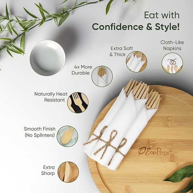 EcoPreps Premium Pre-Rolled Napkin and Bamboo Cutlery Set (100 Pack, 400 PCS) 100% Biodegradable, Eco-Friendly, Disposable Wrapped Cutlery - Includes Pre-Wrapped Bamboo Forks, Knives, Spoons, Napkins