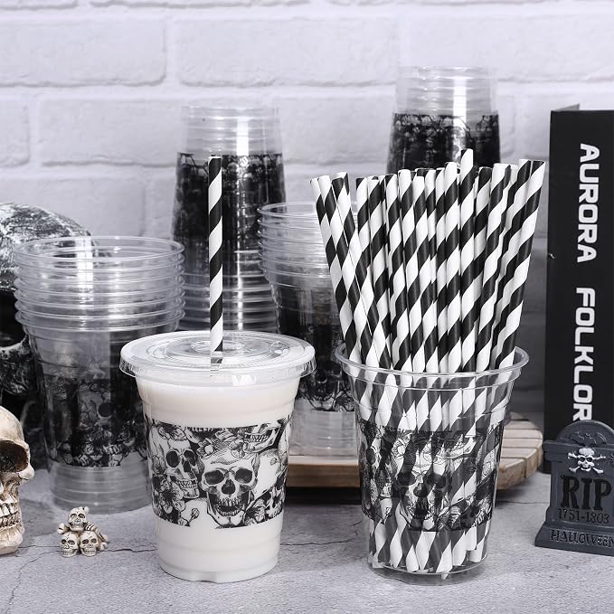 Whaline 50 Pcs 12 Oz Halloween Disposable Plastic Cups with Lids and Straws Black Gothic Sketch Skull Floral Cold Beverage Drinking Cups for Trick or Treat Party Supplies