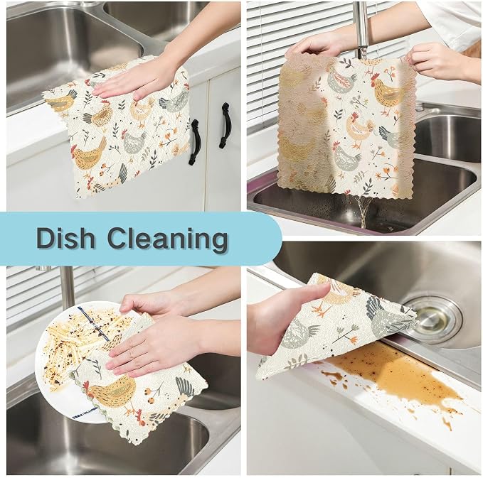 Flower Rooster Plant Kitchen Towels Dish Cloths Set of 6 Microfiber Cleaning Cloths for Cars Super Absorbent Machine
