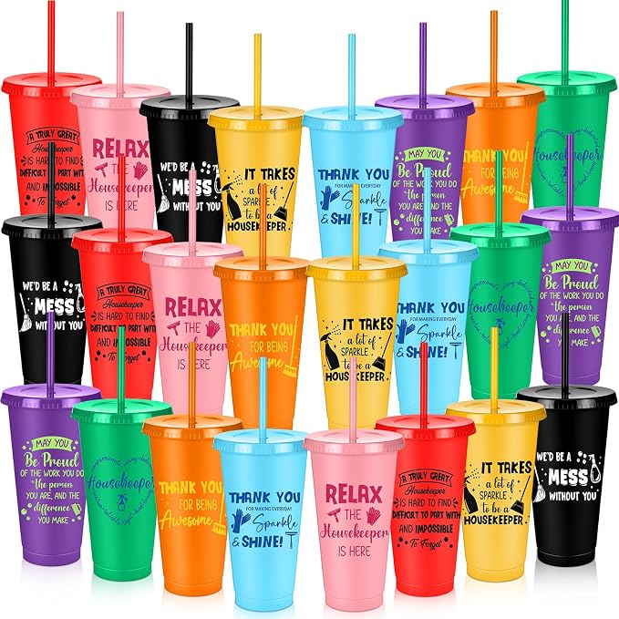 Meanplan 24 Pcs Appreciation Gifts Bulk 24 oz Plastic Tumbler with Lids and Straws Thank You Cups Travel Mugs Inspirational Gifts for(Housekeepers Week)