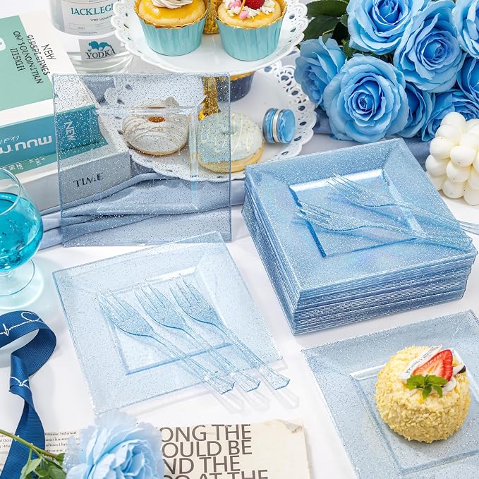 DaYammi 100Pcs Blue Glitter Dessert Plates Including 50Pcs Appetizer Plates 6" and 50Pcs Plastic Forks 5.7",Blue Plastic Square Plate for Party,plastic Salad Plate and Cake Forks for Wedding Birthday