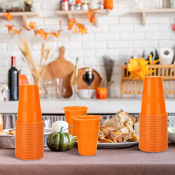 Kochorie 100 Pack Disposable Plastic Cups 16 Oz Solid Color Drinking Cups Party Supplies Strong and Sturdy Drinkware Cup For Birthday, Wedding, Thanksgiving, Fall & Daily Use, Orange