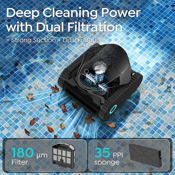 C1 Cordless Robotic Pool Cleaner with 180Mins, Wall Climbing & Waterline Cleaning, Long Runtime, Dual Layers, Automatic Pool Vacuum with APP, Multi Cleaning Modes and Paths, Obsidian