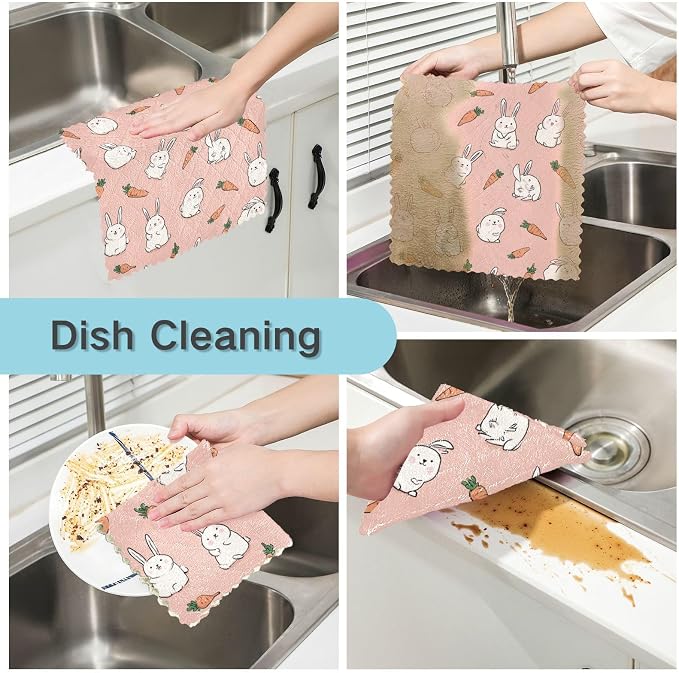 Pink Rabbit and Carrots Kitchen Towels Dish Cloths Set of 6 Microfiber Cleaning Cloths for Cars Super Absorbent Machine