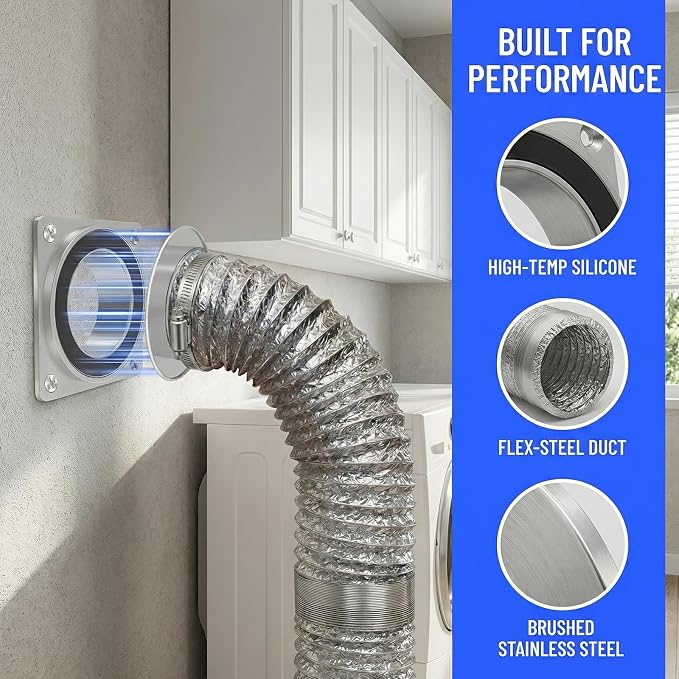 Magnetic Dryer Vent Hose 4 Inch, Airtight Seal Reduces 90% Lint, Flexible Duct 0.5-5ft, Heavy Duty & High Temp, No Tools for Daily Cleaning, Fits 0-8" Offset, Magnetic Coupling Kit