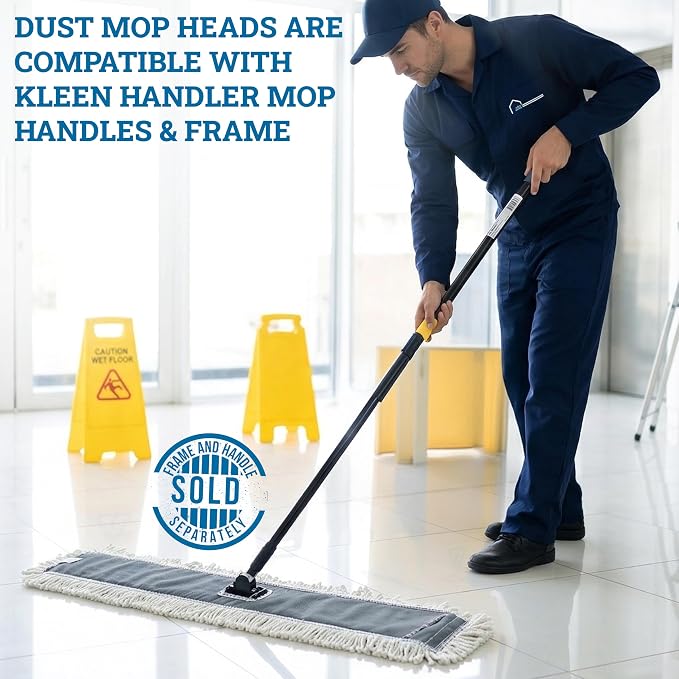 Kleen Handler 48" Commercial Dust Mop Replacement Heads, 12 Pack Industrial Loop End Flat Dust Mop Pads, Washable Cotton Mop Refill for Floor Cleaning, Natural