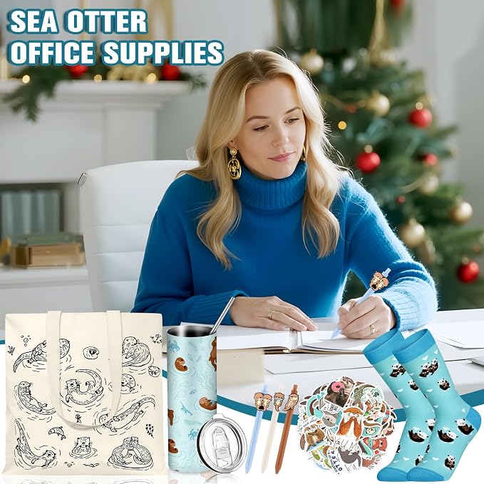 57 Pcs Sea Otter Gifts Set for Women 20 oz Tumbler Canvas Bag Pen Socks Stickers Otter Lover Stuff Accessories Gift for Christmas Mom Sister Friends Office School Birthday Party Supplies