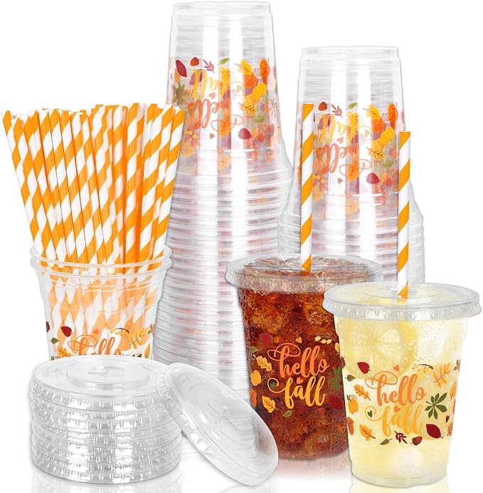 Whaline 50 Pcs 12 Oz Hello Fall Plastic Cups with Lids and Straws Autumn Maple Leaves Cold Beverage Drinking Cup for Harvest Thanksgiving Party Supplies