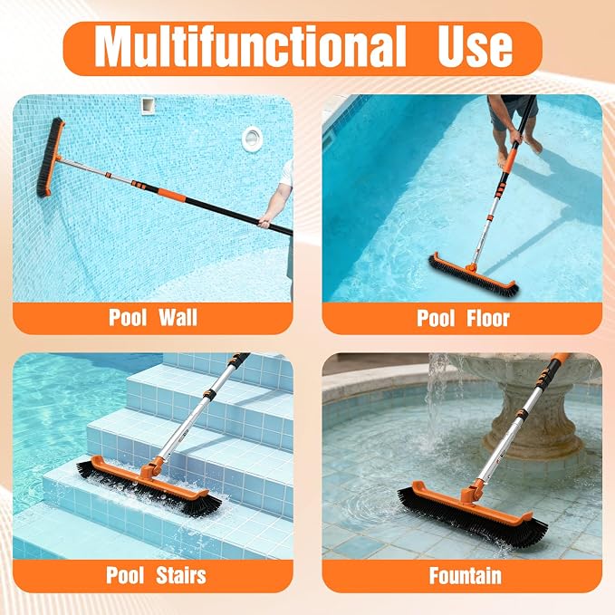 LAANPOLE Pool Brush with Pole, 12FT Heavy Duty Telescopic Pool Pole with 18" Pool Brush, Swimming Pool Scrubber Brush Head for Cleaning Walls, Tiles & Floors