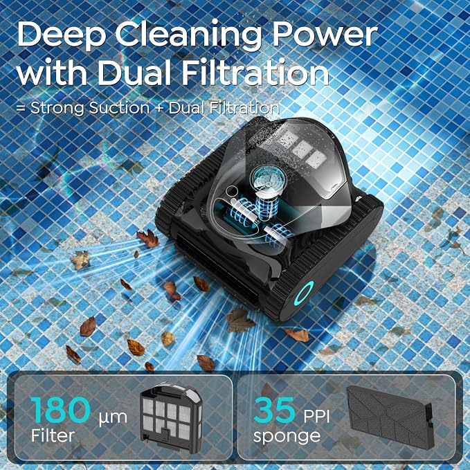 C1 Cordless Robotic Pool Cleaner with 180Mins, Wall Climbing & Waterline Cleaning, Long Runtime, Dual Layers, Automatic Pool Vacuum with APP, Multi Cleaning Modes and Paths, Transparent Slate Navy