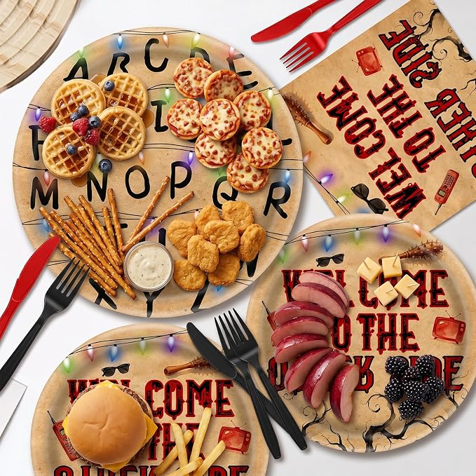 168pcs Spooky Rustic Alphabet Birthday Party Supplies Disposable Retro Colorful Light Bulbs Party Decorations Retro Scary House Run Themed Plates Napkins for Boys Girls Birthday Decor Serve 24