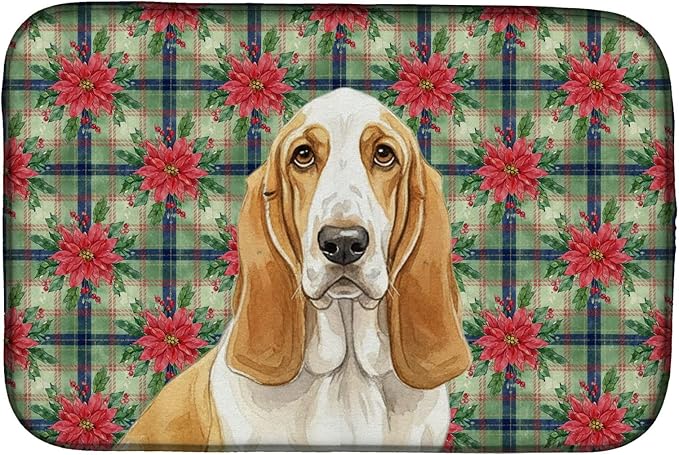 Caroline's Treasures Lemon and White Basset Hound Christmas PoinsettIas Dish Drying Mat Absorbent Dish Drying Mat Pad for Kitchen Counter Dish Drainer Mat for Countertop, 14 x 21", Multicolor