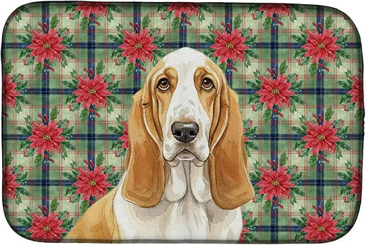 Caroline's Treasures Lemon and White Basset Hound Christmas PoinsettIas Dish Drying Mat Absorbent Dish Drying Mat Pad for Kitchen Counter Dish Drainer Mat for Countertop, 14 x 21", Multicolor